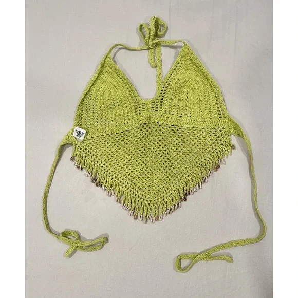 Island Planet Miami Beach Lime Green Crochet Halter Top with Shell Accents Small - Picture 3 of 6